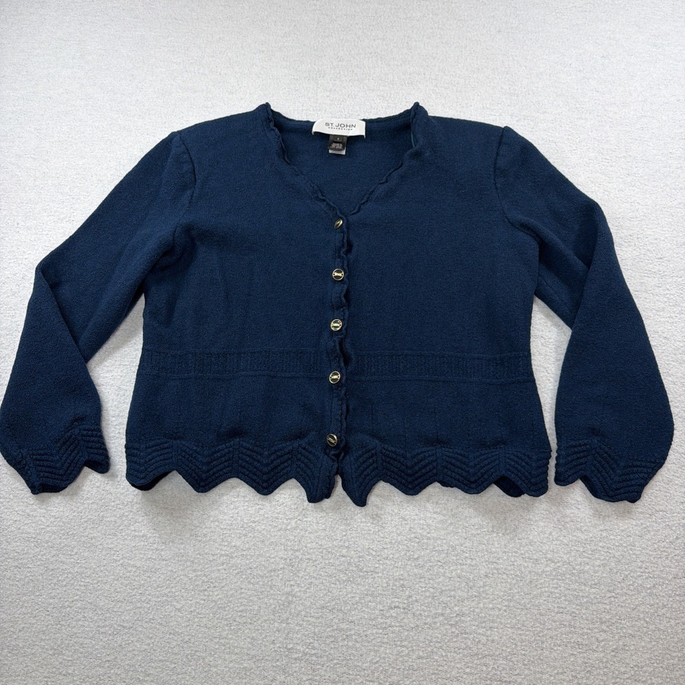 VTG St John Collection Santana Knit teal Cardigan Jacket Gold Crest Button small